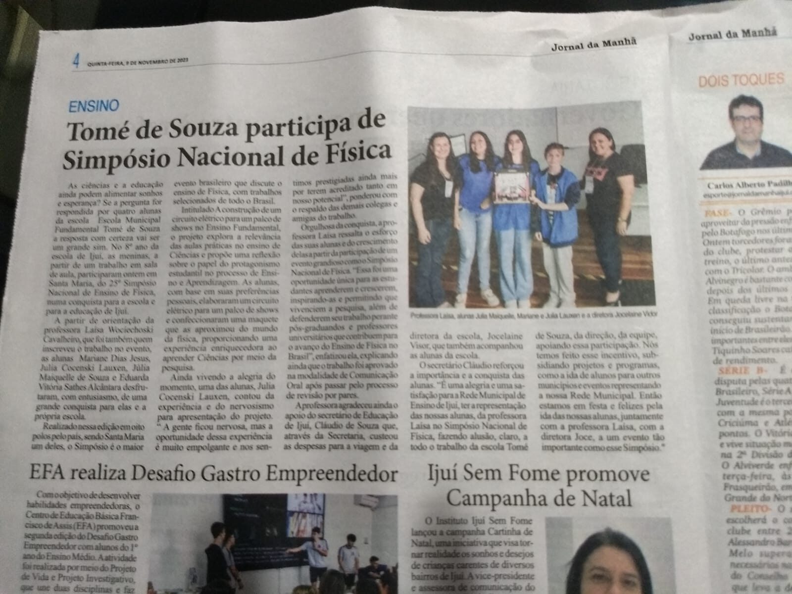 SNEF no RS é notícia em jornal de Ijuí com apresentação de alunas do Ensino Fundamental