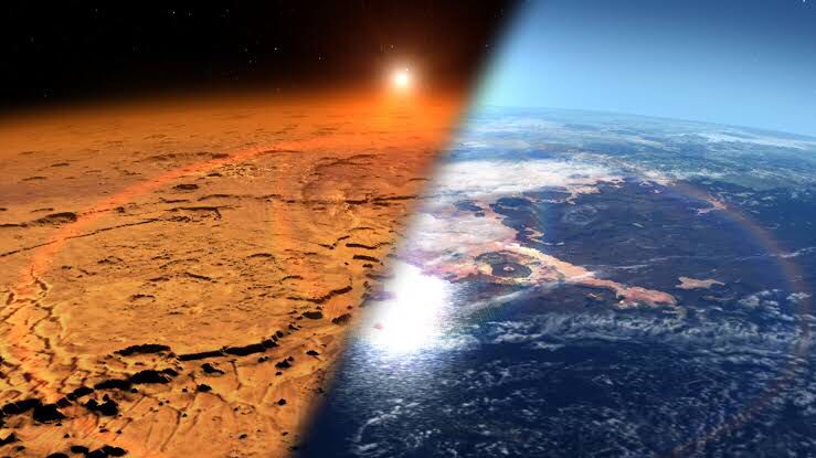 Imagem do que pode ter sido a atmosfera de Marte milhões de anos atras e como é agora - Crédito NASA