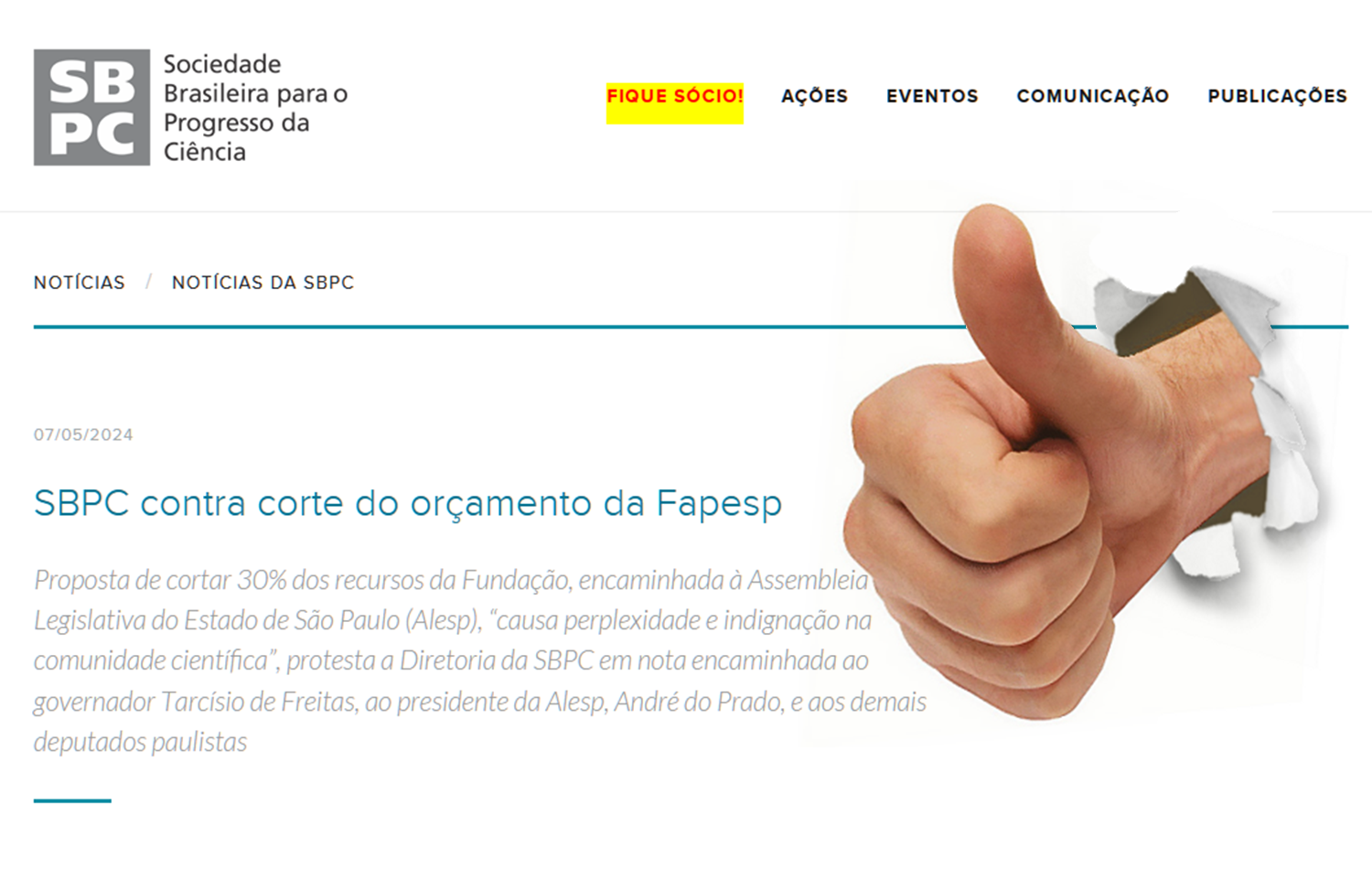 SBF apoia manifestação da SBPC contra corte de verbas da FAPESP