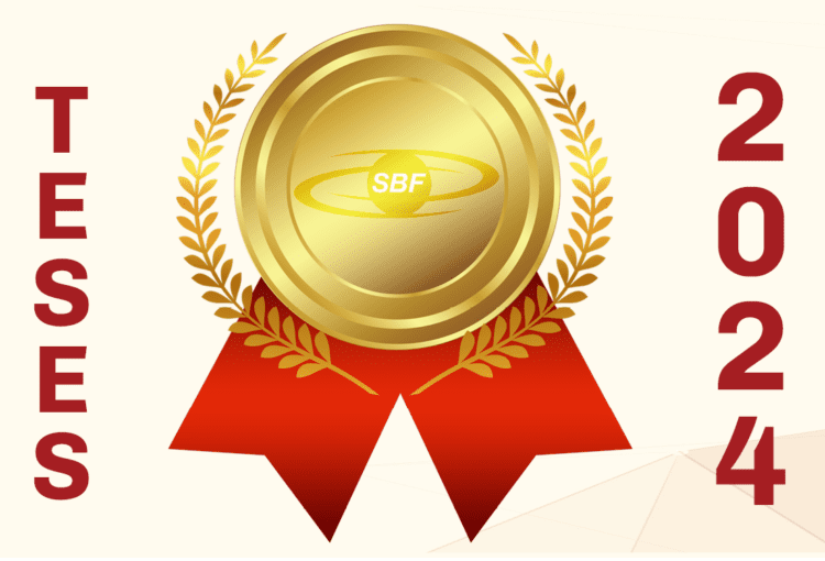 Imagem de uma medalhe com a logo da SBF e as palavras Teses e 2024 cada uma de um lado da melha, escrito verticalmente.