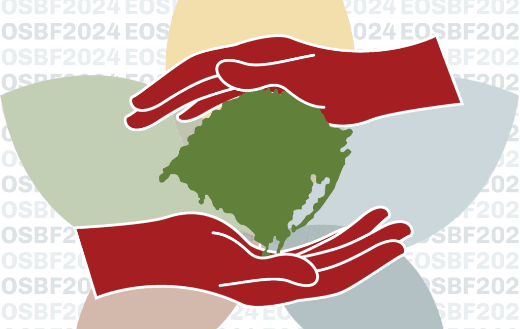 Uma mão em cima e outra embaixo, como estivessem segurando o mapa do estado do Rio Grande do Sul. Ao fundo, o símbolo do EOSBF e os dizeres EOSBF2024.