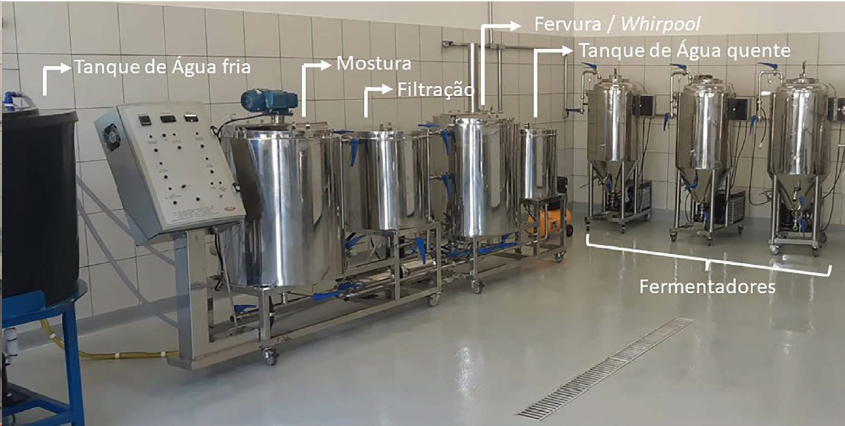 Foto de tanques de produção de cerveja em uma fábrica de cerveja. Tanques altos de aço inoxidável.