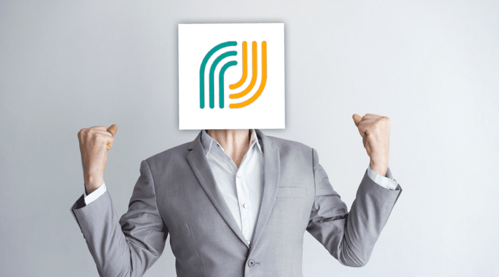 Corpo de um homem de terno cinza comemorando, mas a cabeça é a logomarca do Encontro de Física do Norte e do Nordeste.