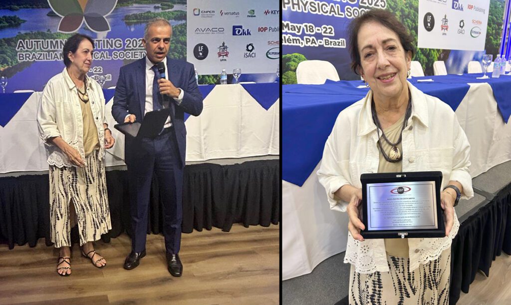A secretária executiva da SBF, Maria Beatriz da Costa Santos e o presidente da SBF, Rodrigo Capaz, durante a homenagem pelos anos dedicados à instituição.