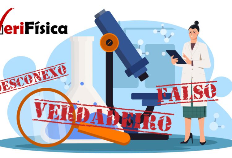 Cientista em meio a equipamentos gigantes, com a logo da VeriFísica no topo da imagem e palavras 'DEsconexo', 'verdaderiro' e 'falso' sobre o desenho.