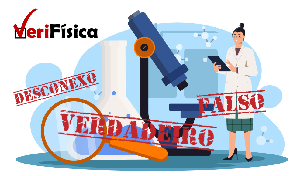 Cientista em meio a equipamentos gigantes, com a logo da VeriFísica no topo da imagem e palavras 'DEsconexo', 'verdaderiro' e 'falso' sobre o desenho.